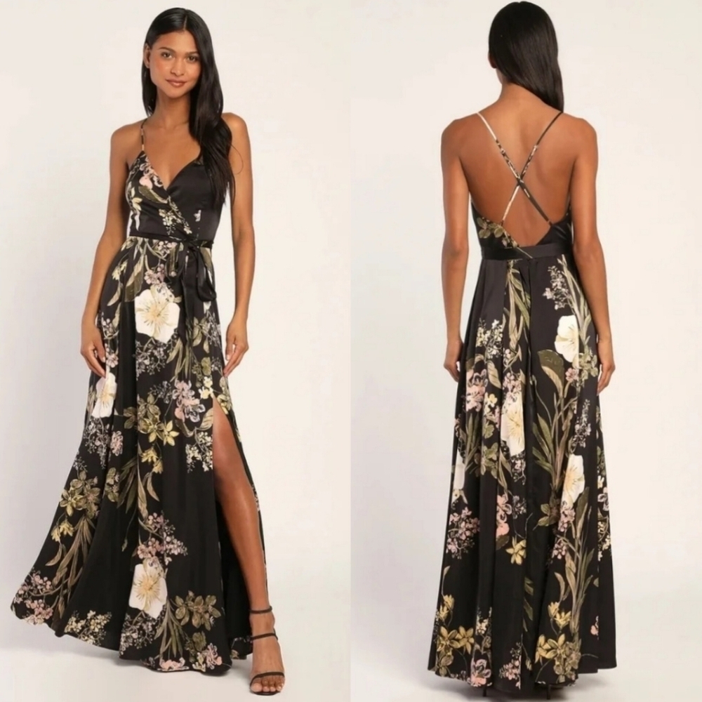 Lulus Still the One Black Floral Print Satin Maxi Dress M Wedding Party Guest